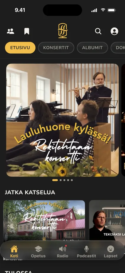 Lauluhuoneen sovelluksen etusivu puhelimessa: nosto, jatka katselua ja tulevat konsertit