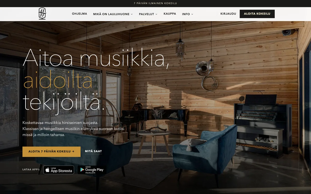 Lauluhuoneen verkkosivun etusivu selaimessa